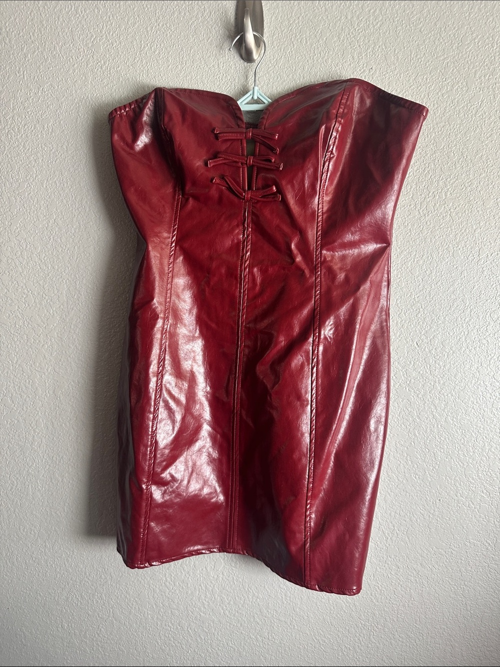 Storia Maroon Faux Leather Strapless Mini Dress